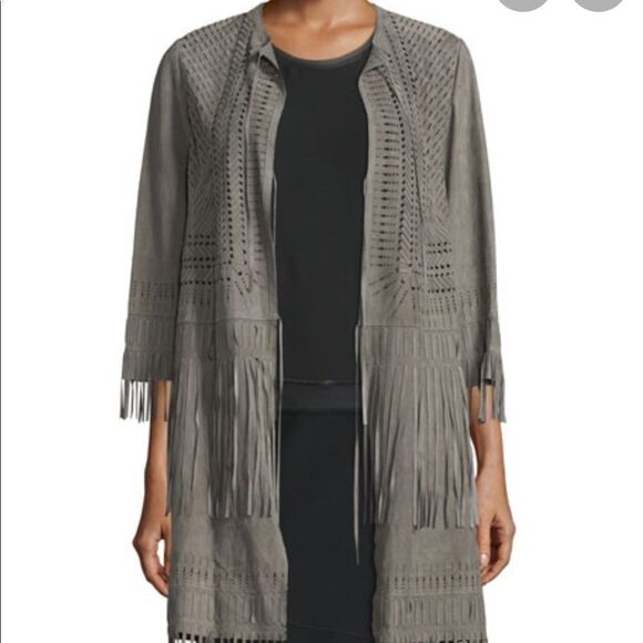 Elie Tahari Harley Laser-Cut Suede Coat, Cocoa - Picture 10 of 11